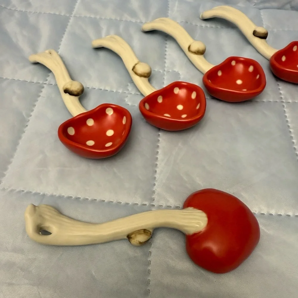 Mushroom Styling: Hand-glazed red mushroom spoon. Polka dot ceramic spoon.